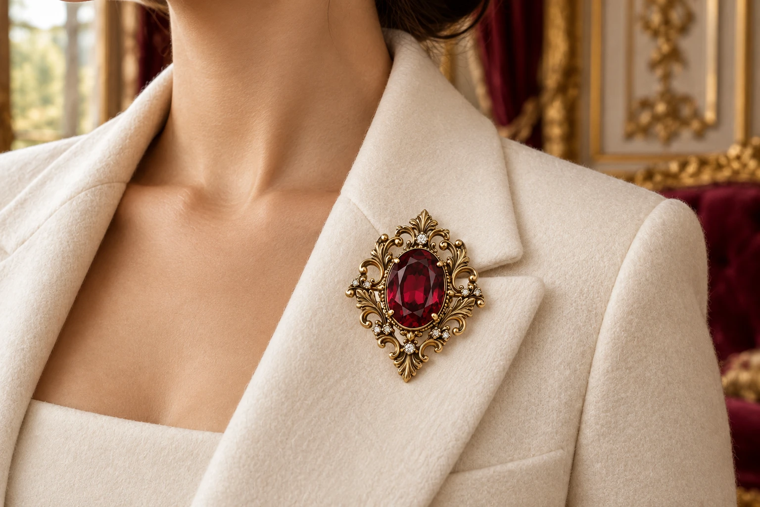 Rosaline Court wine-red brooch worn on an ivory jacket in a softly lit Victorian interior
