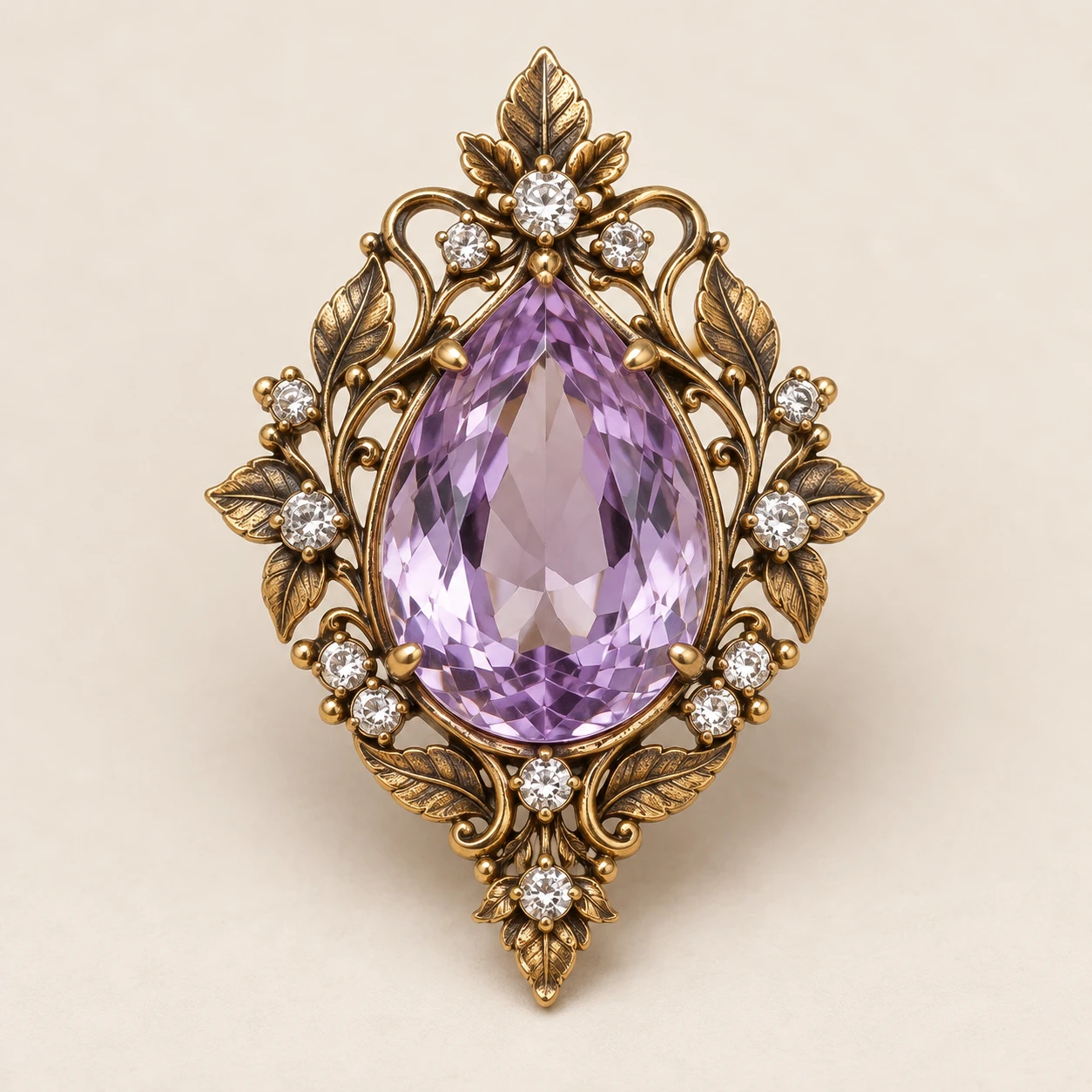 Purple Amethyst Waltz Brooch, Glass stone and clear glass accents; antique gold plated brass
