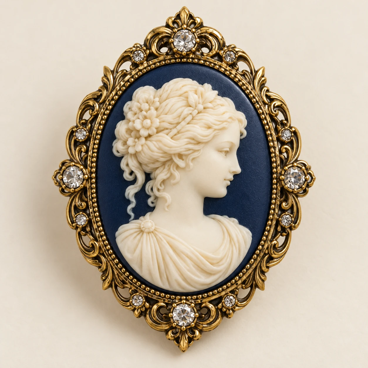 Blue Celestial Cameo Brooch, Ivory resin relief on a navy base; clear glass accents; antique gold plated brass