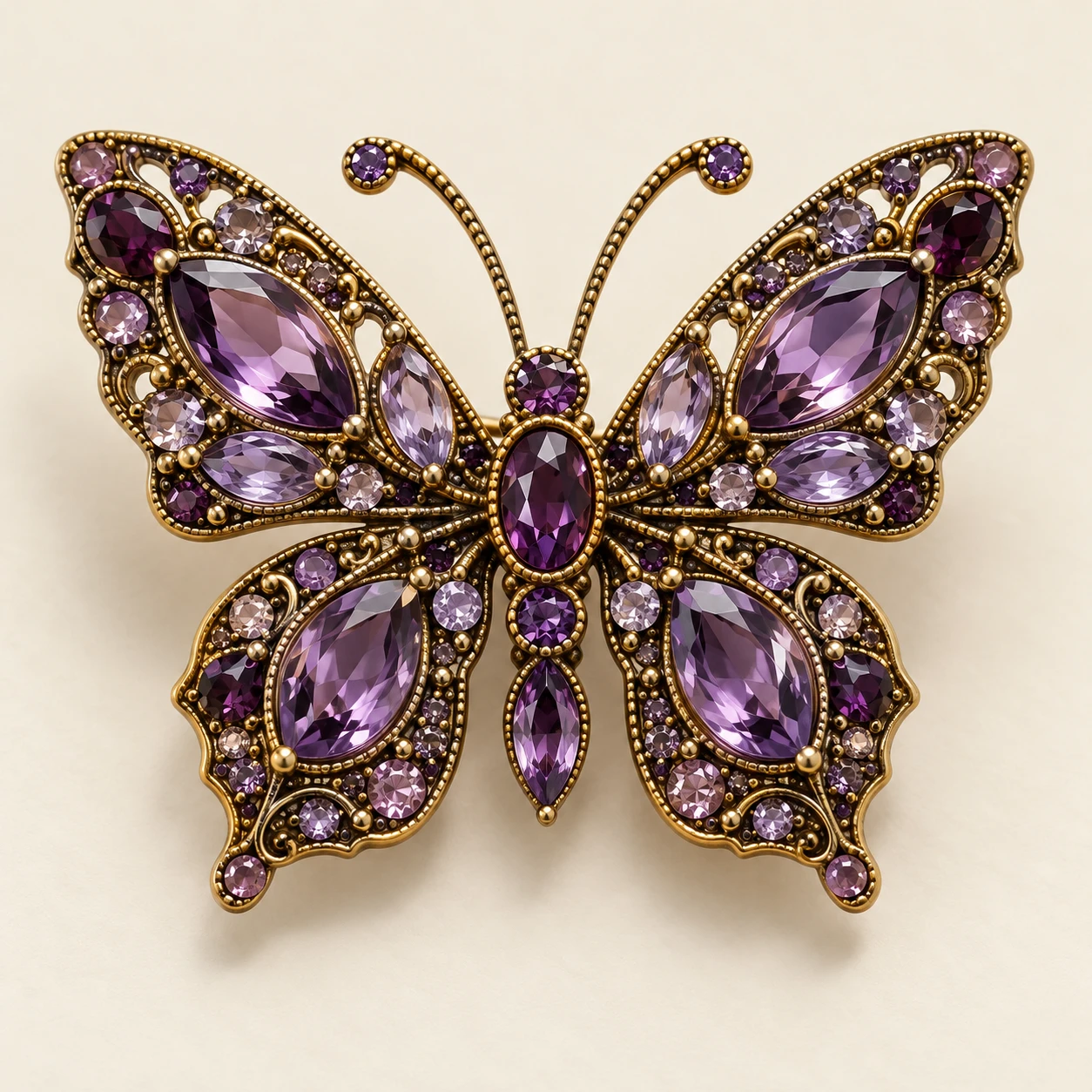 Purple Violet Butterfly Brooch, Violet glass stones; antique gold plated brass