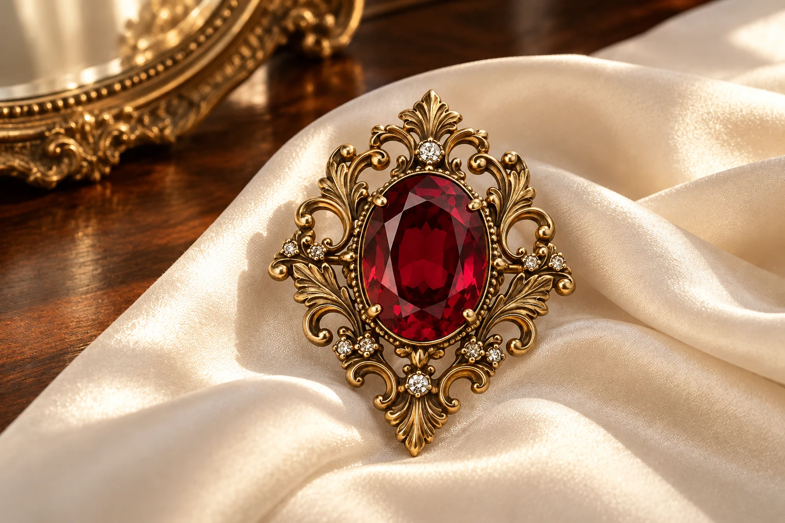 Close view of the Rosaline Court brooch resting on ivory fabric with Victorian styling
